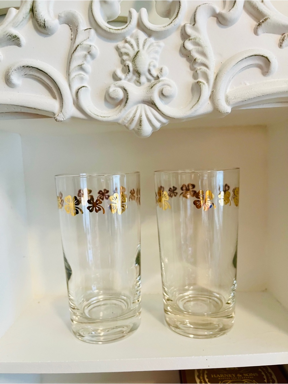 🍀Vintage Set of 2 Clear Highball Glasses with Gold Four Leaf Clover Trim MCM